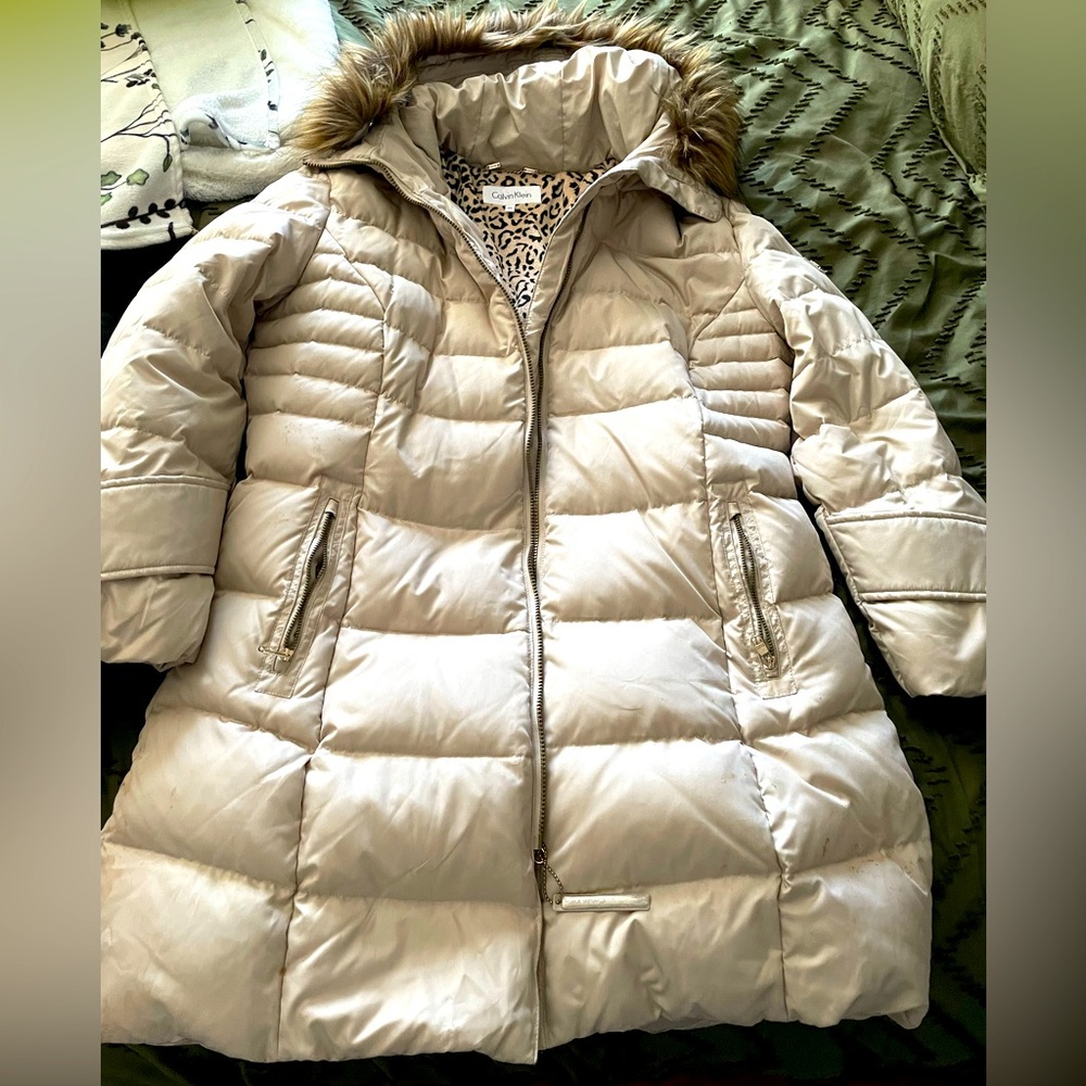 Calvin Klein Faux Fur Trim Hooded Winter Puffer Coat Cheetah Print Lined